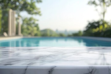 Canvas Print - Marble table, poolside, tranquil garden view, product display