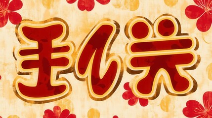 Wall Mural - Chinese New Year 2025 sign featuring bold gold letters, intricate red patterns, and auspicious cherry blossom accents.