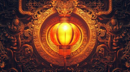 Wall Mural - Chinese New Year 2025 invitation sign with a glowing lantern centerpiece, surrounded by intricate golden patterns