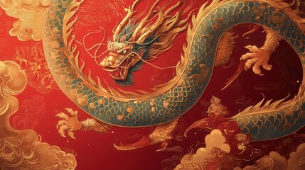 Wall Mural - ornate invitation sign for Chinese New Year 2025 with intricate patterns, gold accents, and a dragon dance illustration.