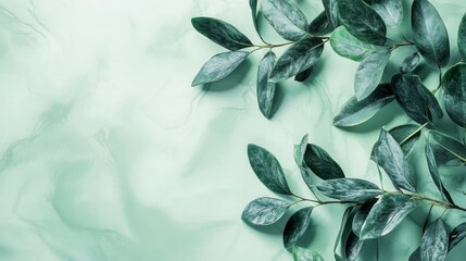 Canvas Print - Elegant green leaves on marble background