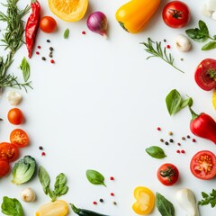 Wall Mural - Colorful vegetables and herbs frame on white. (1)