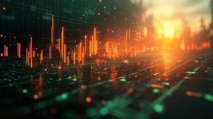 Futuristic digital sunset cityscape glowing lines.