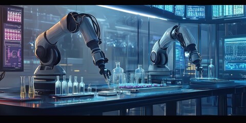 Wall Mural - A futuristic lab showcases robotic arms managing flasks and pipettes, preparing reagents for a pharmaceutical study.