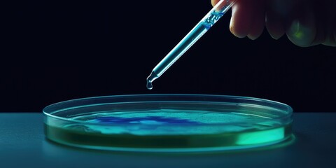Wall Mural - a scientist s hand hovers over a petri dish with a dropper, allowing a vibrant blue liquid to drip i