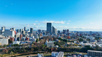Leinwandbilder - city, landscape, scenery, urban, town, drone, aerial view, society, buildings, construction, panorama, outlook, era, business, blue sky, bird eye view, high angle, horizon, seen from above, looking do
