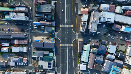 Fototapete - road, traffic, aerial view, automobile, highway, landscape, drone, city, town, drive, modern, government, society, mobility, prefectural road, region, rural, safety, infrastructure, construction, deve