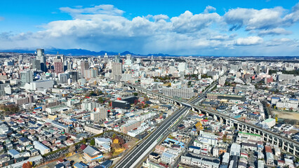 Leinwandbilder - city, urban area, landscape, scenery, urban, town, aerial view, drone, bird eye view, blue sky, horizon, panorama, forward, japan, high angle, prospect, seen from above, looking down, society, modern,