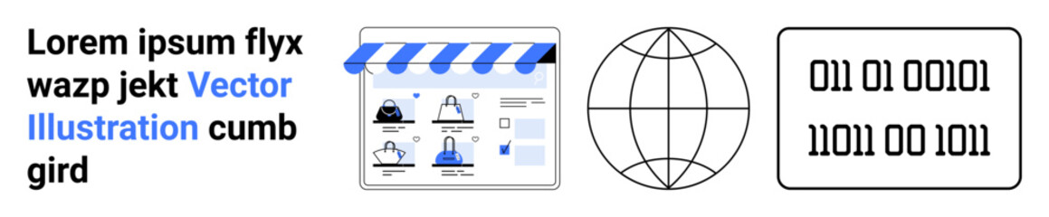 Online storefront with shopping icons, globe symbolizing global connectivity, binary code representing digital data. Ideal for e-commerce, global trade, digital transformation, online business