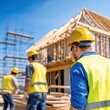 © art - A construction worker wearing a blue t-shirt and a yellow helmet, focused on his job, building structures with dedication and skill at the worksite