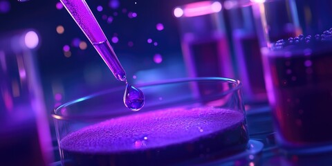 Wall Mural - A detailed shot captures a drop of purple liquid falling from a pipette into a test tube, with a scientific background.