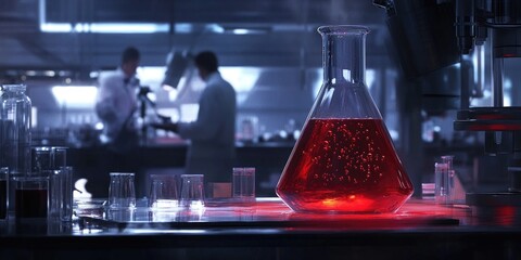Wall Mural - a laboratory scene focuses on a bubbling flask of red liquid, with a scientist working in the backgr