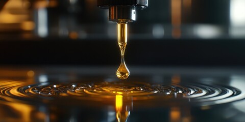 Wall Mural - a close-up captures a droplet of yellow liquid hanging from a pipette, within a detailed laboratory 