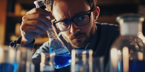 Wall Mural - a close-up captures a chemist pouring blue liquid from a flask into a graduated cylinder, surrounded