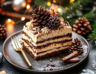 Wall Mural - Delicious Christmas tiramisu cake slice on a dark plate, garnished with pine cones and cinnamon sticks.