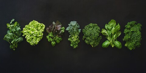 Wall Mural - Assortment of fresh green leafy vegetables on black background.