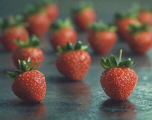 Poster - Close-up of fresh, ripe strawberries on a dark surface. (1)