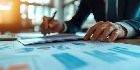 Poster - A corporate executive discusses strategic documents in a modern boardroom, promoting a collaborative and professional atmosphere.