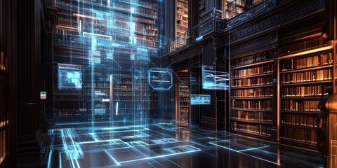 Wall Mural - An advanced digital library interface featuring holographic bookshelves that allow users to access information through augmented reality.