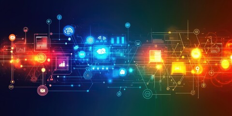 Aufkleber - An abstract background with glowing lines and nodes linking business icons and data points, highlighting online communication.