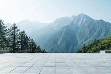 mountain view plaza, paved terrace, scenic backdrop, calm morning