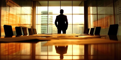 Poster - A corporate executive reviewing strategic plans, with various documents displayed on a large table in a modern boardroom, fostering a collaborative atmosphere.