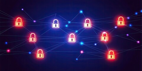 Aufkleber - A cybersecurity framework diagram featuring interconnected nodes, illuminated lines, and padlock icons.