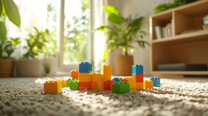 Canvas Print - Colorful building blocks on carpet in sunlit living room with indoor plants