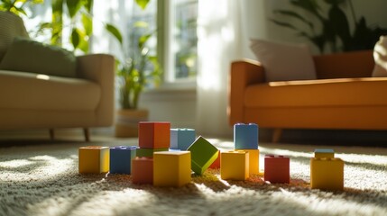 Canvas Print - Sunlit living room with colorful building blocks on carpet