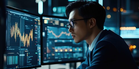 Poster - A business analyst examining financial reports on dual monitors, demonstrating focus and meticulous attention to detail in a sleek office.