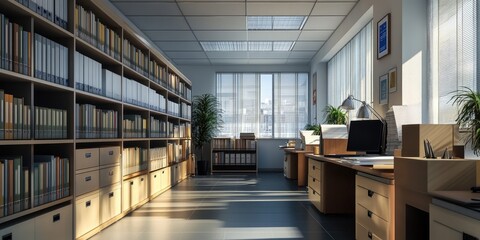 Poster - A corporate professional organizing both digital and physical files, ensuring an efficient workspace while maintaining focus and detail orientation.
