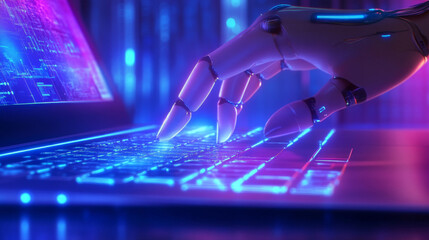 sleek metallic robotic arm with precision fingers typing on glowing keyboard, showcasing advanced technology and futuristic design in vibrant digital environment