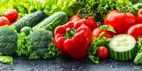 Wall Mural - Fresh, vibrant vegetables including tomatoes, cucumbers, bell peppers, broccoli, and lettuce.