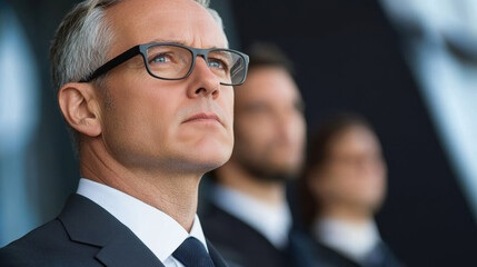 a serious businessman in glasses stands confidently, focused on something in the distance, with two 