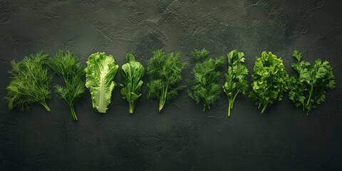 Wall Mural - Assortment of fresh herbs and lettuce on dark background.