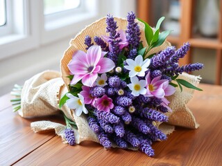 A beautiful bouquet of vibrant lavender flowers tied with burlap on a wooden table, burlap, nature, bouquet