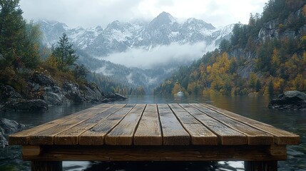 Poster - Dock, lake, and snowy mountain.