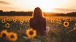 © SY - Woman sits in sunset sunflower field. Perfect for peace, tranquility, nature themes.