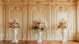 Classic french interior architecture, ornate wall paneling with fleur de lis motifs, cream colored decorative moldings, baroque style wall sculptures, herringbone wood flooring, white marble urns