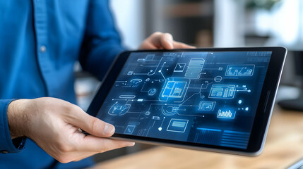 Man presenting digital workflow on tablet in modern office