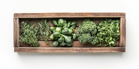 Wall Mural - Wooden crate with assorted fresh green herbs and vegetables.