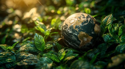 Wall Mural - Earth globe amidst green foliage.