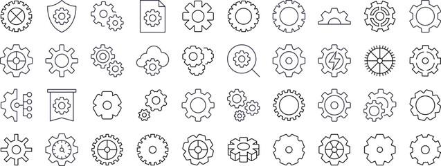 Wall Mural - pack of gear and cogwheel related line icons. outline signs for graphic and web design, apps, advert