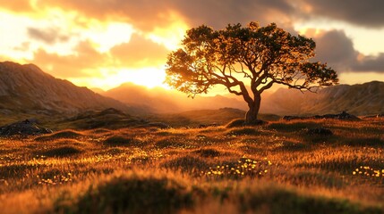 Sticker - Solitary tree silhouetted against a vibrant sunset over rolling hills.