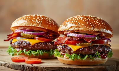 Wall Mural - Close up of two tasty burgers with beef, cheese, tomato and onion on wooden cutting board