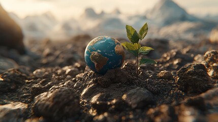 Wall Mural - Earth globe, sprout on rocky ground.