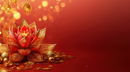 Wall Mural - Gold and red-themed Thai New Year card with traditional ornaments, a beautiful lotus flower, and realistic lighting creating a celebratory atmosphere