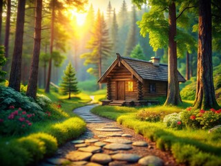 Wall Mural - Low Poly Wooden Cabin in Scenic Green Forest Landscape with Stone Path - Bokeh Effect Stock Photo