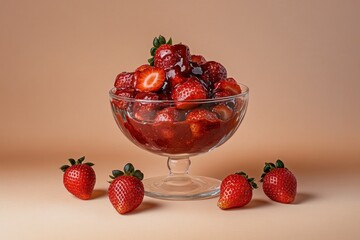 Fresh Strawberries in a Transparent Bowl with Strawberry Syrup on a Neutral Background, Perfect for Summertime Recipes and Fruity Desserts