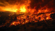 © SASI   SPACE - Fire truck and firefighters battle blazes, wildfire forest fire. natural disaster background banner panorama. Burning flames with smoke development and black silhouette of forest trees